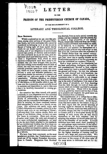 Letter to the friends of the Presbyterian Church of Canada, on the establishment of a literary and theological college