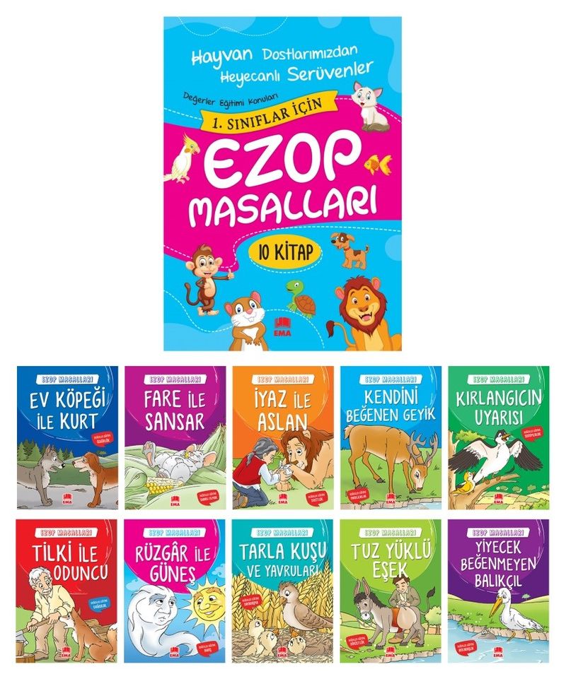 Ezop Masalları Seti 1 ve 2. Sınıflar için Düz Yazılı (10 Kitap Takım, Büyük Boy)