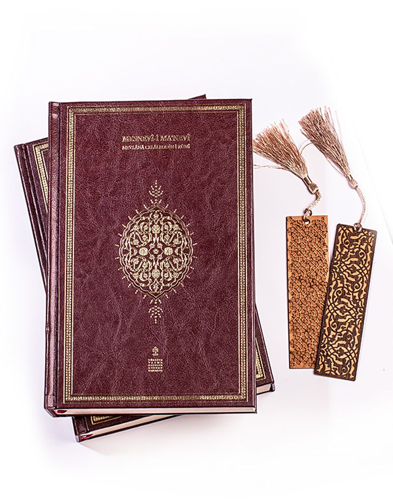 Mesnevi-i Ma'nevi (2 Cilt) + Ahşap Ayraç - Osmanlı Desen + Ahşap Ayraç - Lale - Rölyef Cevizli